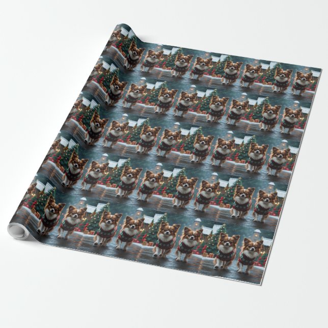 Papillon Dogs Christmas Snow Holiday Geschenkpapier (Ungerollt)