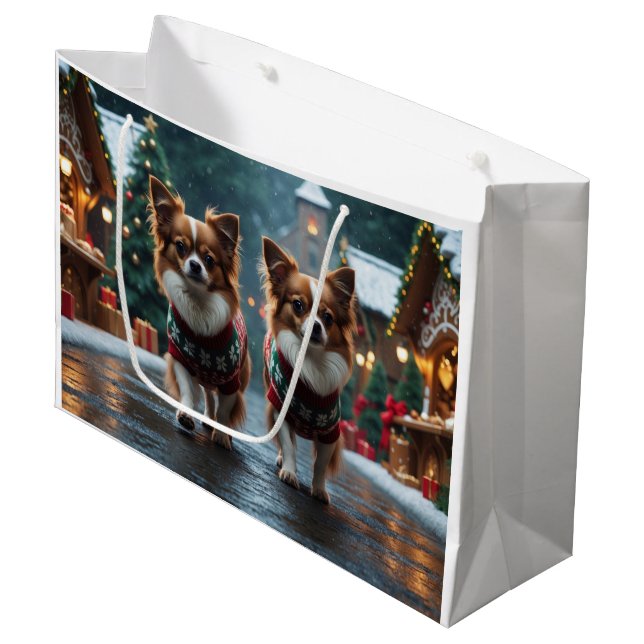 Papillon Dogs Christmas Snow Holiday Große Geschenktüte (Vorderseite Schrägansicht)