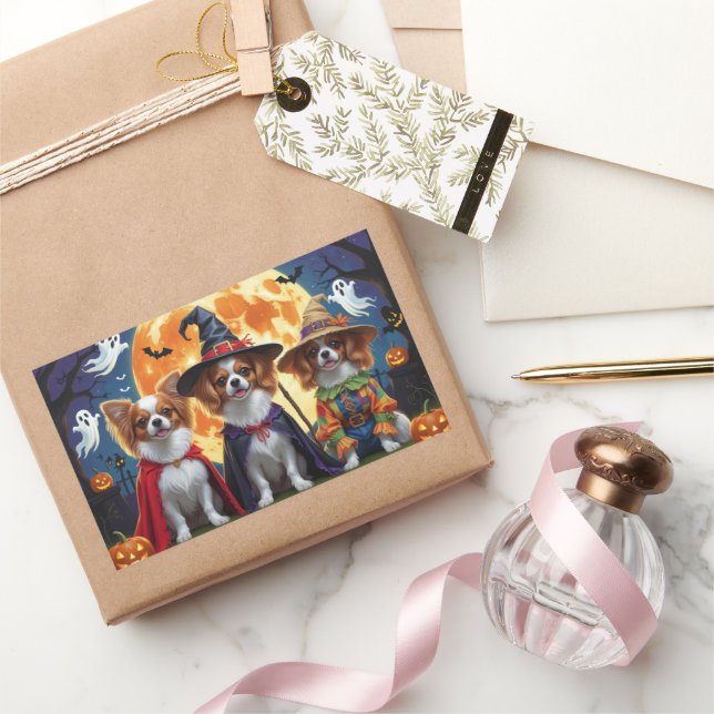 Papillon Dogs Pumpkin Halloween Funny Rechteckiger Aufkleber (Schenken)