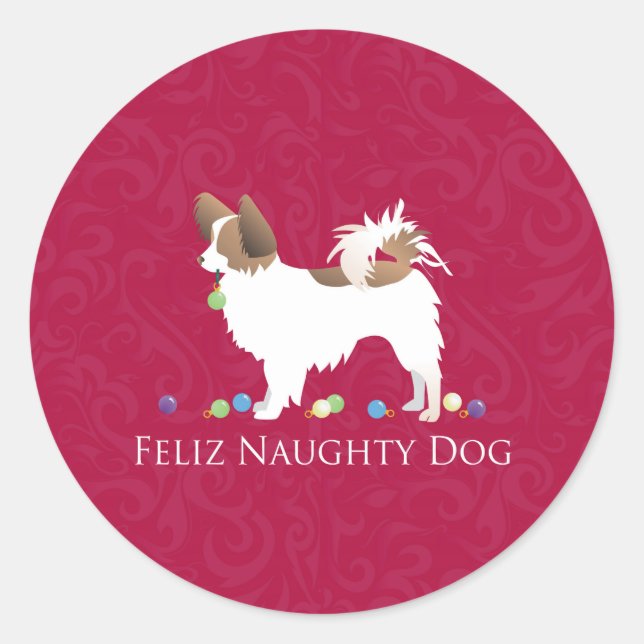 Papillon Feliz Naughty Dog Christmas Runder Aufkleber (Vorderseite)