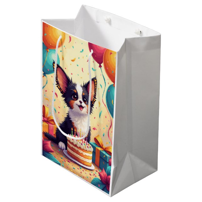 Papillon-Geburtstagsfeier Mittlere Geschenktüte (Vorderseite Schrägansicht)