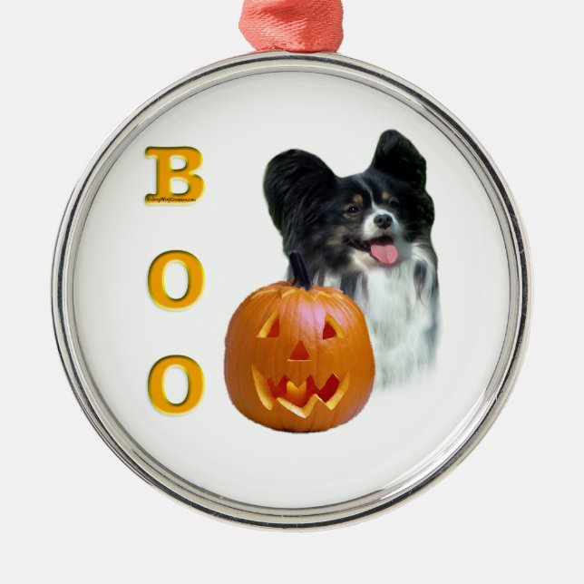Papillon Halloween BOO Silbernes Ornament (Vorne)
