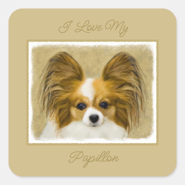 Papillon (Hound Tri) Malerei - Original Dog Art S Quadratischer Aufkleber (Vorderseite)