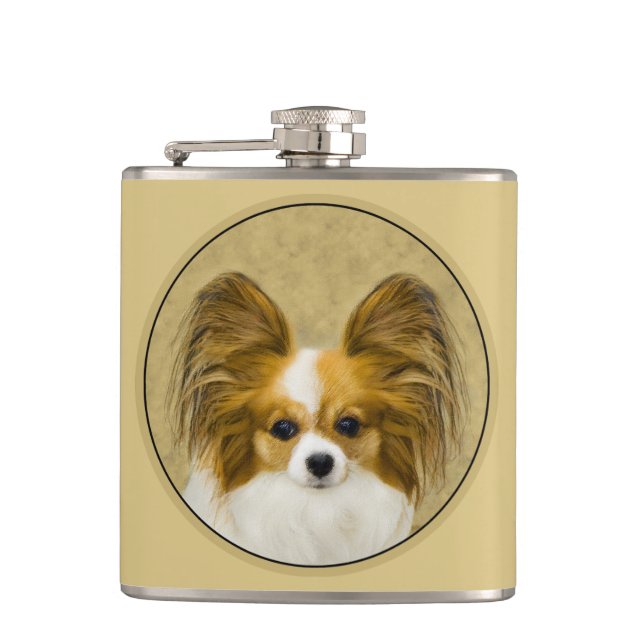 Papillon (Hound Tri) Malerei - Original Hundeschul Flachmann (Vorderseite)