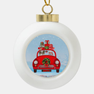 Papillon-Hund im Auto mit dem Weihnachtsmann Keramik Kugel-Ornament
