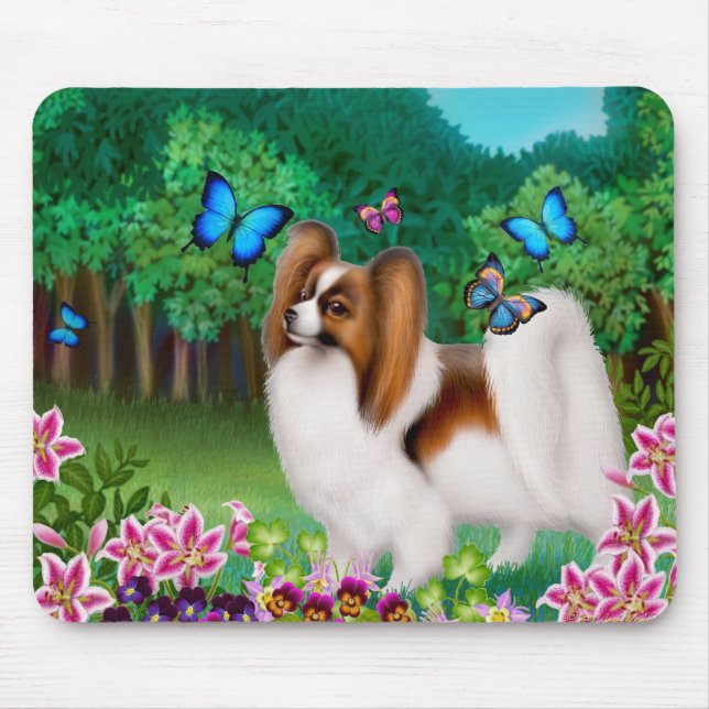 Papillon Hund im Garten Mousepad (Vorne)