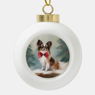 Papillon-Hund im Schnee Weihnachten Keramik Kugel-Ornament