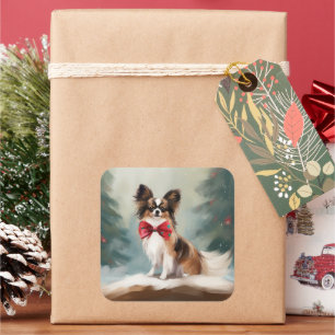 Papillon-Hund im Schnee Weihnachten  Quadratischer Aufkleber