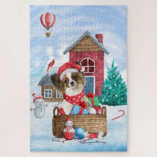 Papillon-Hund im Schnee Weihnachtshaus für Hunde Puzzle