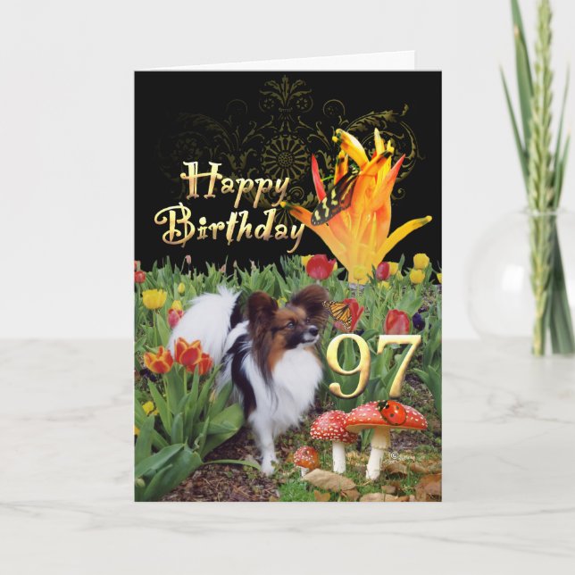 Papillon Hund in einem Tulpengarten 97. Geburtstag Karte (Vorderseite)