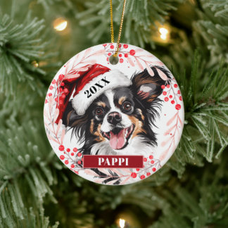 Papillon-Hund in Santa-Mütze Weihnachtsbaumanhänge Keramik Ornament