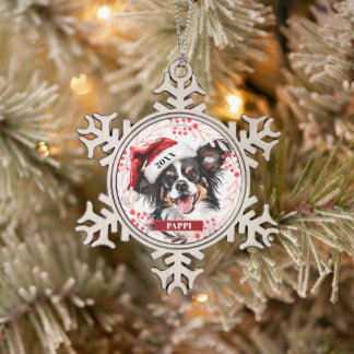 Papillon-Hund in Santa-Mütze Weihnachtsbaumanhänge Schneeflocken Zinn-Ornament