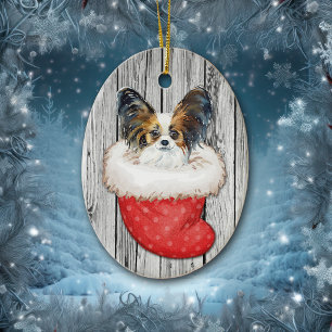Papillon-Hund in Weihnachtsstrumpf auf Holz Keramik Ornament