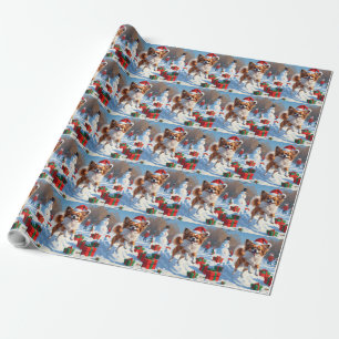 Papillon Hund läuft im Schnee mit Weihnachtshut Geschenkpapier