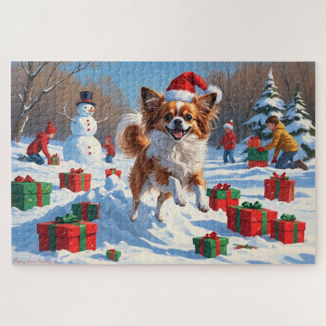 Papillon Hund läuft im Schnee mit Weihnachtshut Puzzle (Horizontal)