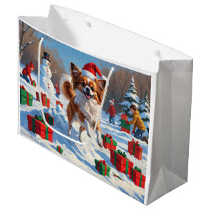 Papillon-Hund läuft im Schnee mit Weihnachtsmütze Große Geschenktüte
