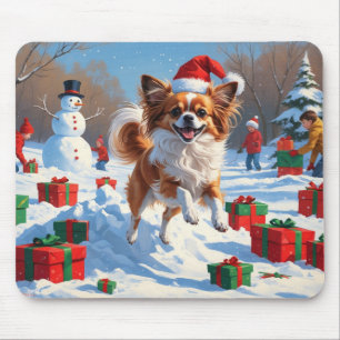 Papillon-Hund läuft im Schnee mit Weihnachtsmütze Mousepad