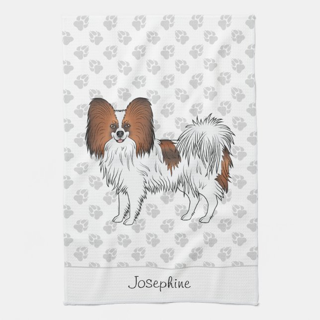 Papillon-Hund mit rotem Sand und Text Geschirrtuch (Vertikal)