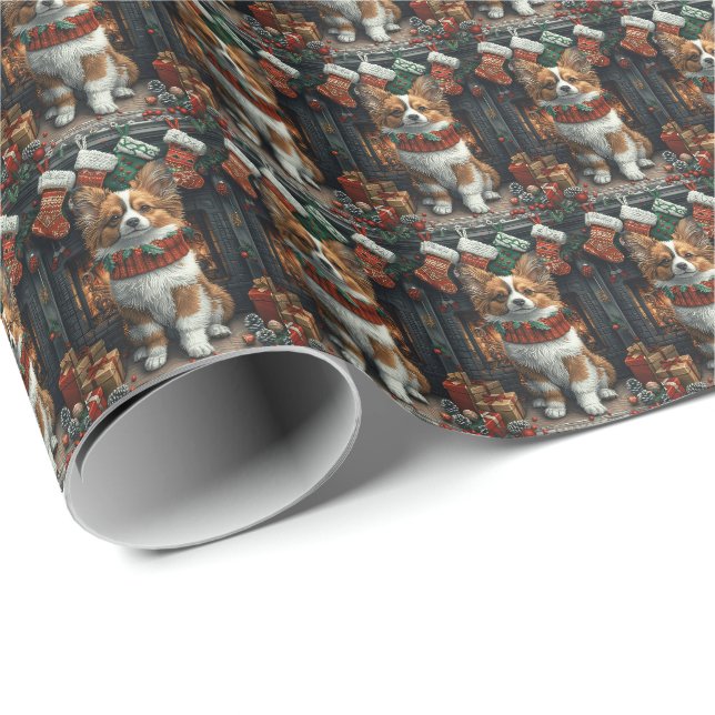 Papillon Hund mit Weihnachtsgeschenken Feuerplatz Geschenkpapier (Rolleneckpunkt)