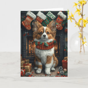 Papillon Hund mit Weihnachtsgeschenken Feuerplatz Karte