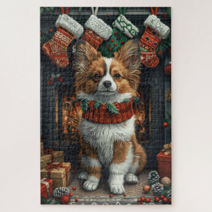 Papillon Hund mit Weihnachtsgeschenken Feuerplatz Puzzle
