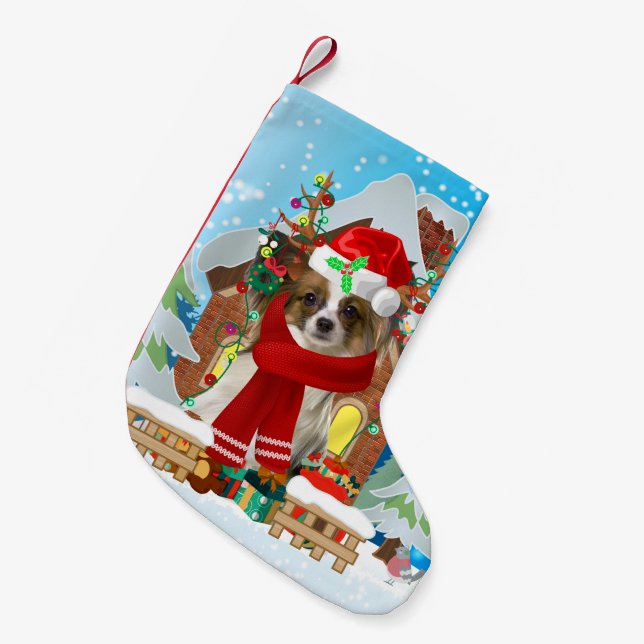 Papillon Hund mit Weihnachtsgeschenken Kleiner Weihnachtsstrumpf (Vorderansicht (hängend))