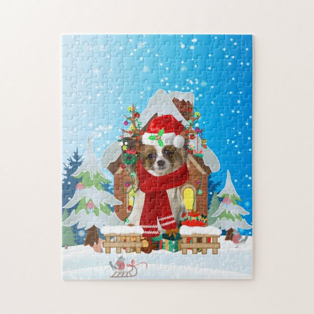 Papillon Hund mit Weihnachtsgeschenken Puzzle (Vertikal)