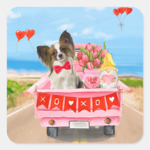 Papillon-Hund Valentinstag LKW Herzen Quadratischer Aufkleber