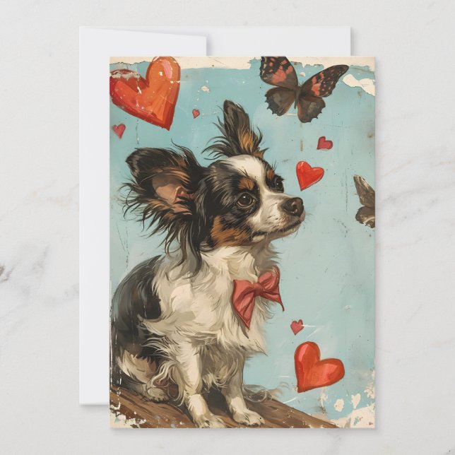 Papillon-Hund Vintag Valentinstag Feiertagskarte (Vorderseite)
