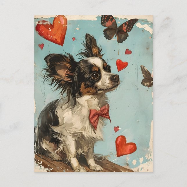 Papillon-Hund Vintag Valentinstag Postkarte (Vorderseite)