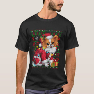 Papillon-Hund Weihnachtsbeleuchtung hässlicher Wei T-Shirt