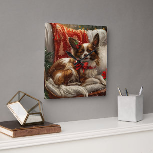 Papillon-Hund Weihnachtsfestlich Quadratische Wanduhr