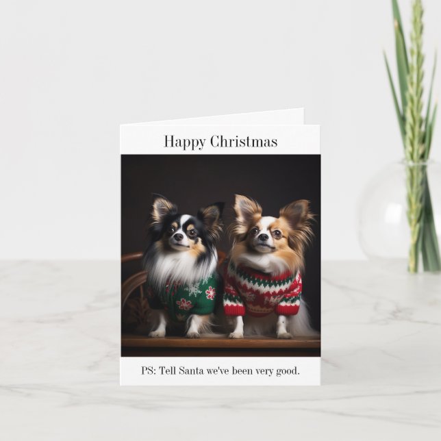 Papillon Hunde in Christmas Sweaters Card Karte (Vorderseite)
