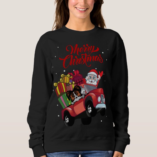 Papillon mit dem Weihnachtsmann im roten Lkw-Hund Sweatshirt (Vorderseite)