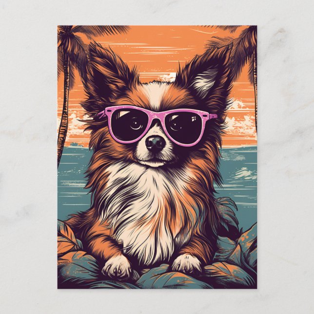 Papillon mit Sonnenbrille am Strand Postkarte (Vorderseite)