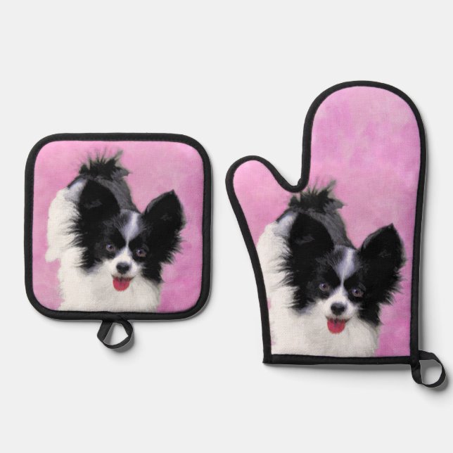 Papillon Painting Black and White Original Dog Art Ofenhandschuh & Topflappen-Set (Vorderseite)