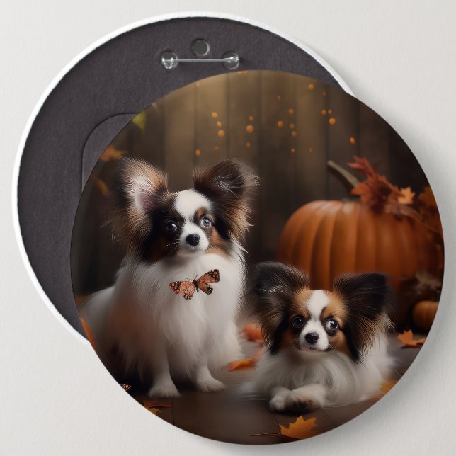 Papillon Puppy Autumn Delight Pumpkin Button (Vorne & Hinten)