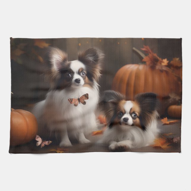 Papillon Puppy Autumn Delight Pumpkin Geschirrtuch (Horizontal)