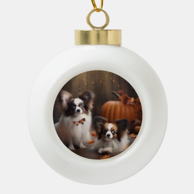 Papillon Puppy Autumn Delight Pumpkin Keramik Kugel-Ornament (Vorderseite)
