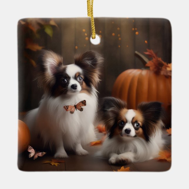 Papillon Puppy Autumn Delight Pumpkin Keramikornament (Vorderseite)