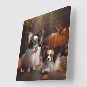 Papillon Puppy Autumn Delight Pumpkin Quadratische Wanduhr