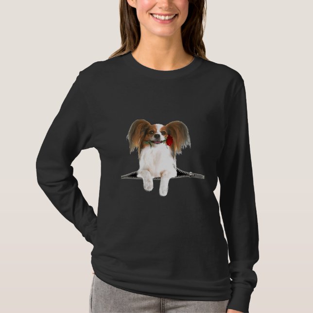 Papillon Rose Zipper Dog Pocket T-Shirt (Vorderseite)