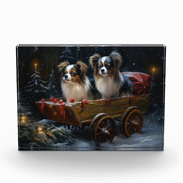 Papillon Snowy Sleigh Weihnachtsdekor Fotoblock (Vorderseite)
