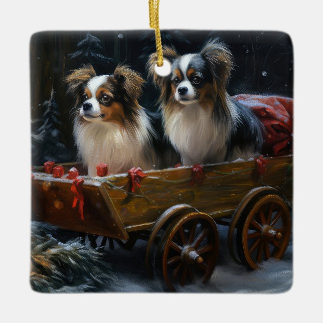 Papillon Snowy Sleigh Weihnachtsdekor Keramikornament (Vorderseite)