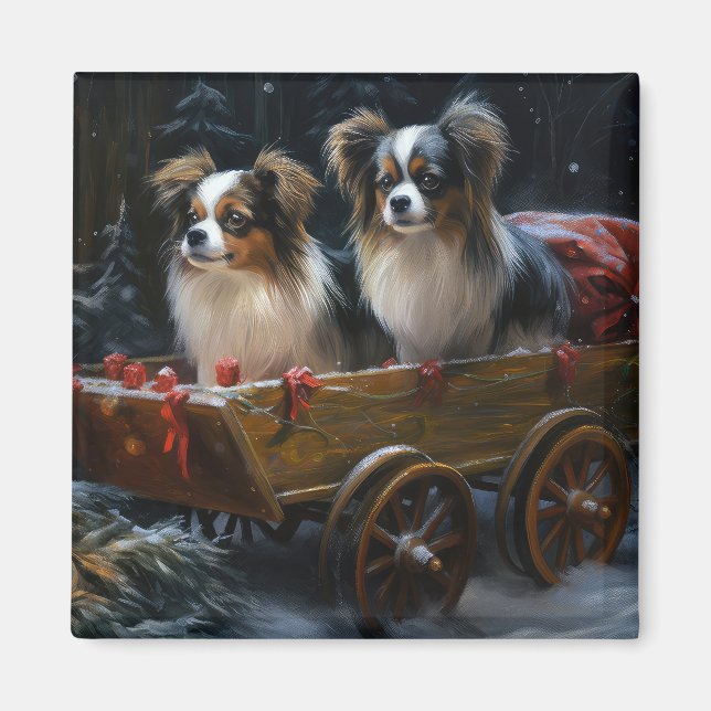 Papillon Snowy Sleigh Weihnachtsdekor Magnet (Vorne)