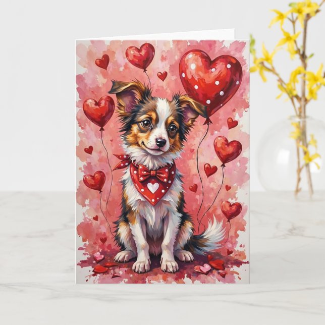 Papillon Valentinstag Hund mit Herzen Rot Karte (Gelbe Blume)