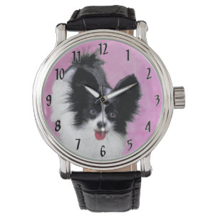 Papillon (weiß und schwarz) Malerei - Hundekunst Armbanduhr