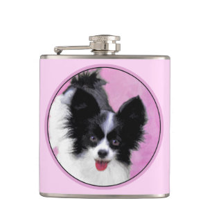 Papillon (weiß und schwarz) Malerei - Hundekunst Flachmann
