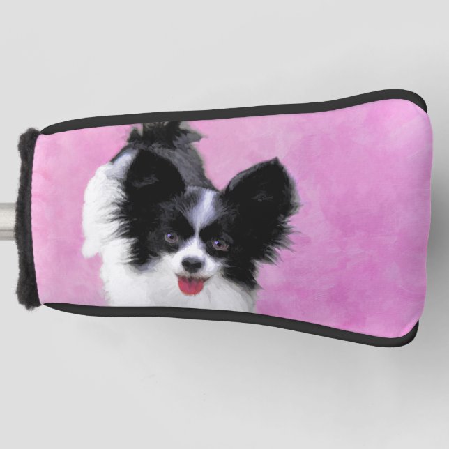 Papillon (weiß und schwarz) Malerei - Hundekunst Golf Headcover (Vorderseite)