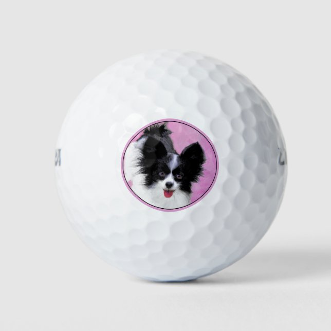 Papillon (weiß und schwarz) Malerei - Hundekunst Golfball (Vorderseite)